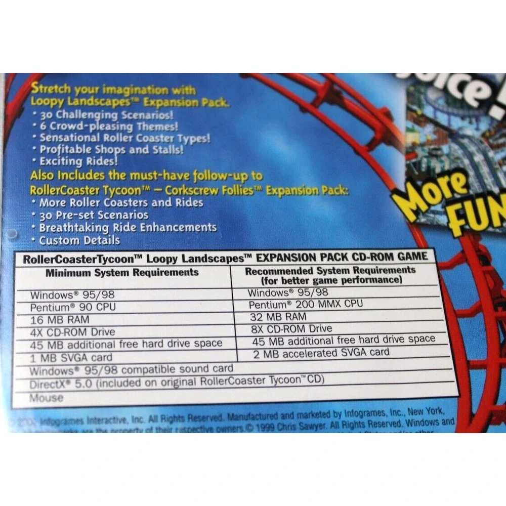RollerCoaster Tycoon: Loopy Landscapes w/Corkscrew Follies (PC, 2001) CD-ROM